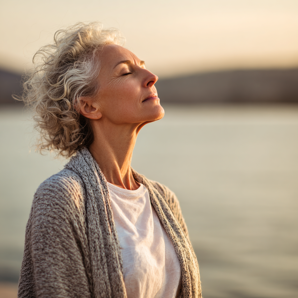 50 years old woman practicing yoga breathing technique in serene environment