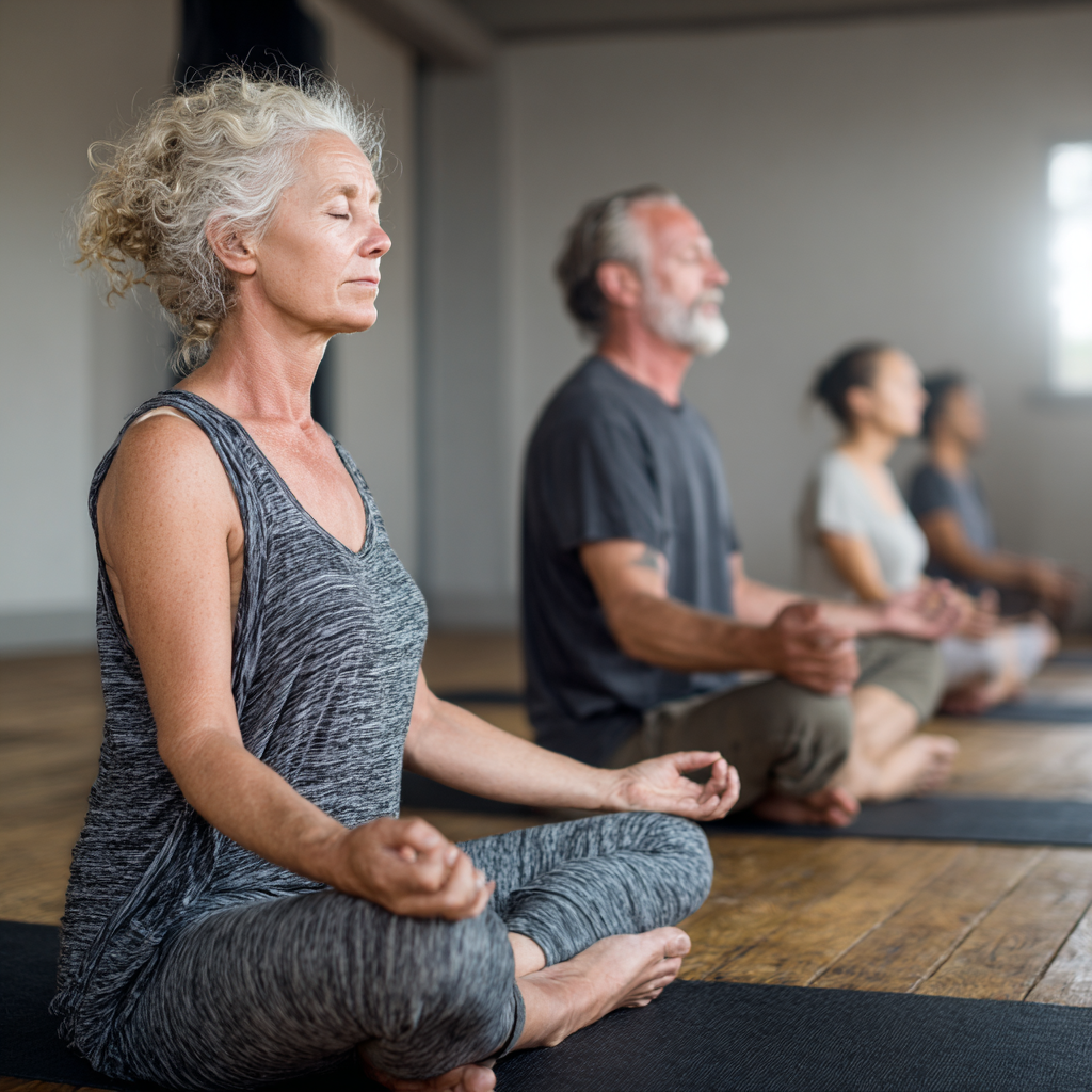 51 years old adults practicing mindful yoga poses in peaceful studio setting
