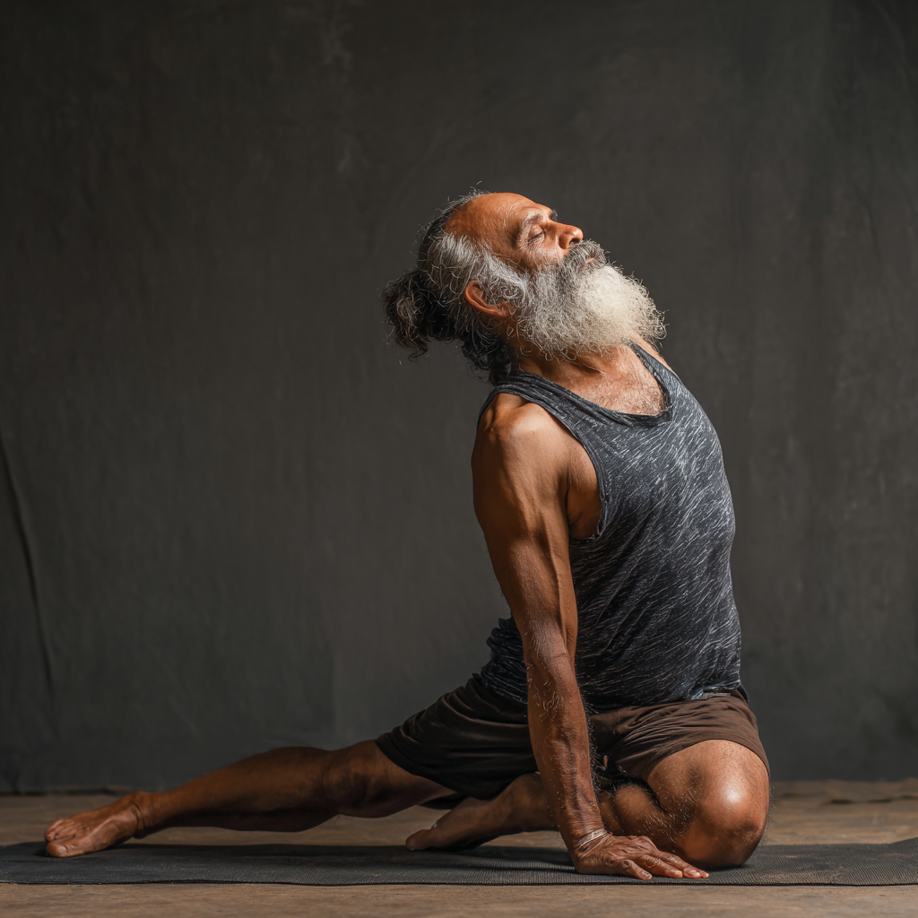 52 years old person flowing through vinyasa yoga sequence