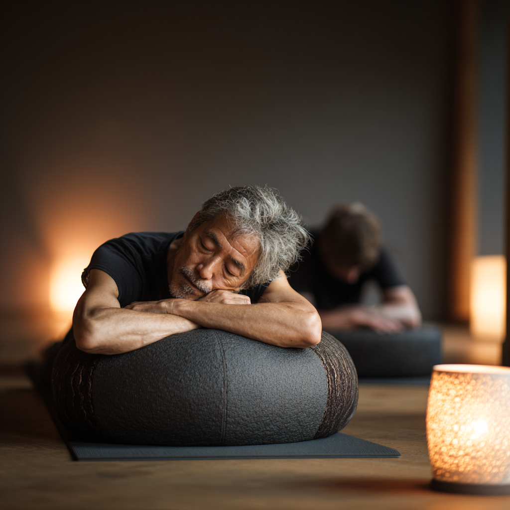 53 years old adults in restorative yin yoga poses with props and soft lighting
